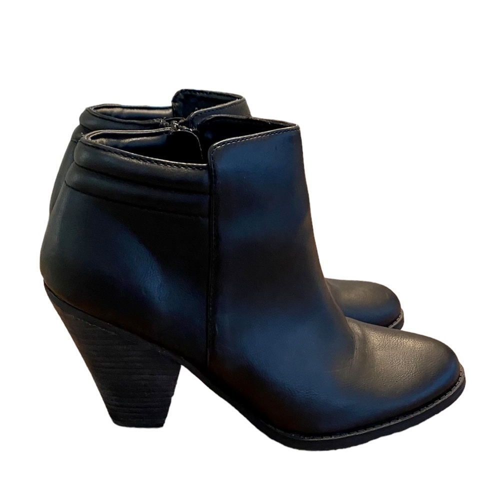 MIA BLACK LEATHER ANKLE BOOTIES CONE HEEL CHUNKY HEEL BOOTS BLACK SIDE ZIP 10